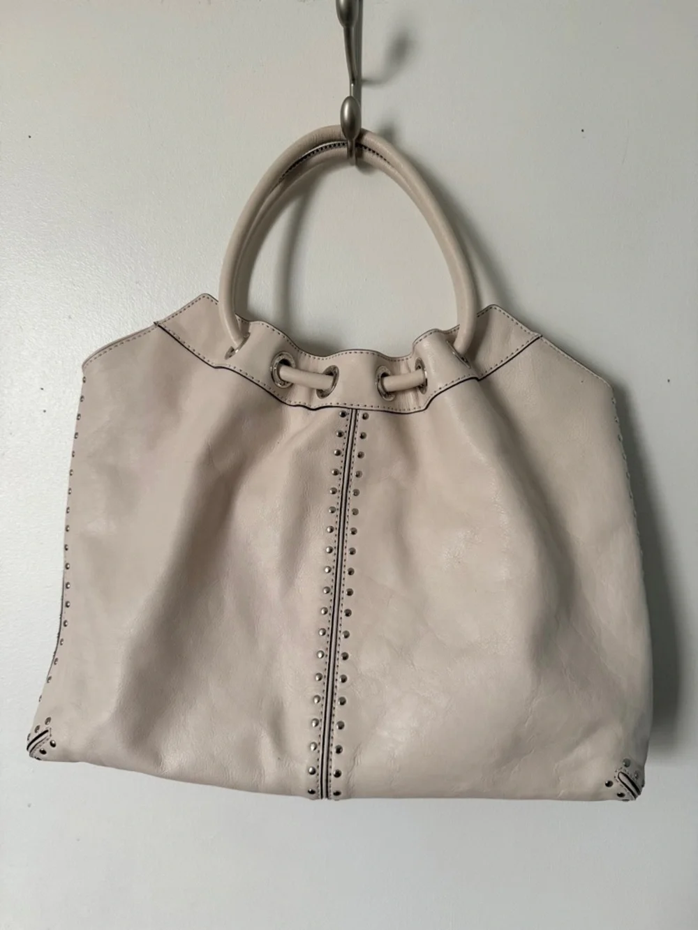 Michael Kors Astor Ivory Leather Studded Double Handle Purse Snap Closure Bag